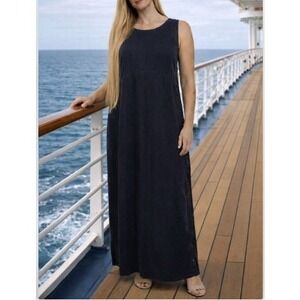 Kiko Black Long Side Button Sleeveless Jumper Lagenlook 100% Linen Maxi Dress L